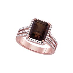 3.76 CTW Emerald-cut Smoky Quartz Diamond Solitaire Ring 14KT Rose Gold - REF-98X8Y