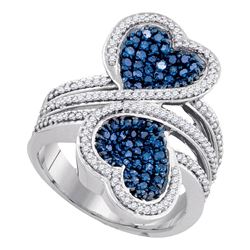 1.1 CTW Blue Color Diamond Double Heart Bypass Ring 10KT White Gold - REF-75F2N