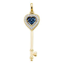 0.10 CTW Blue Color Diamond Key Love Pendant 14KT Yellow Gold - REF-13W4K