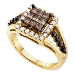 1 CTW Princess Cognac-brown Color Diamond Framed Ring 14KT Yellow Gold - REF-75H2M