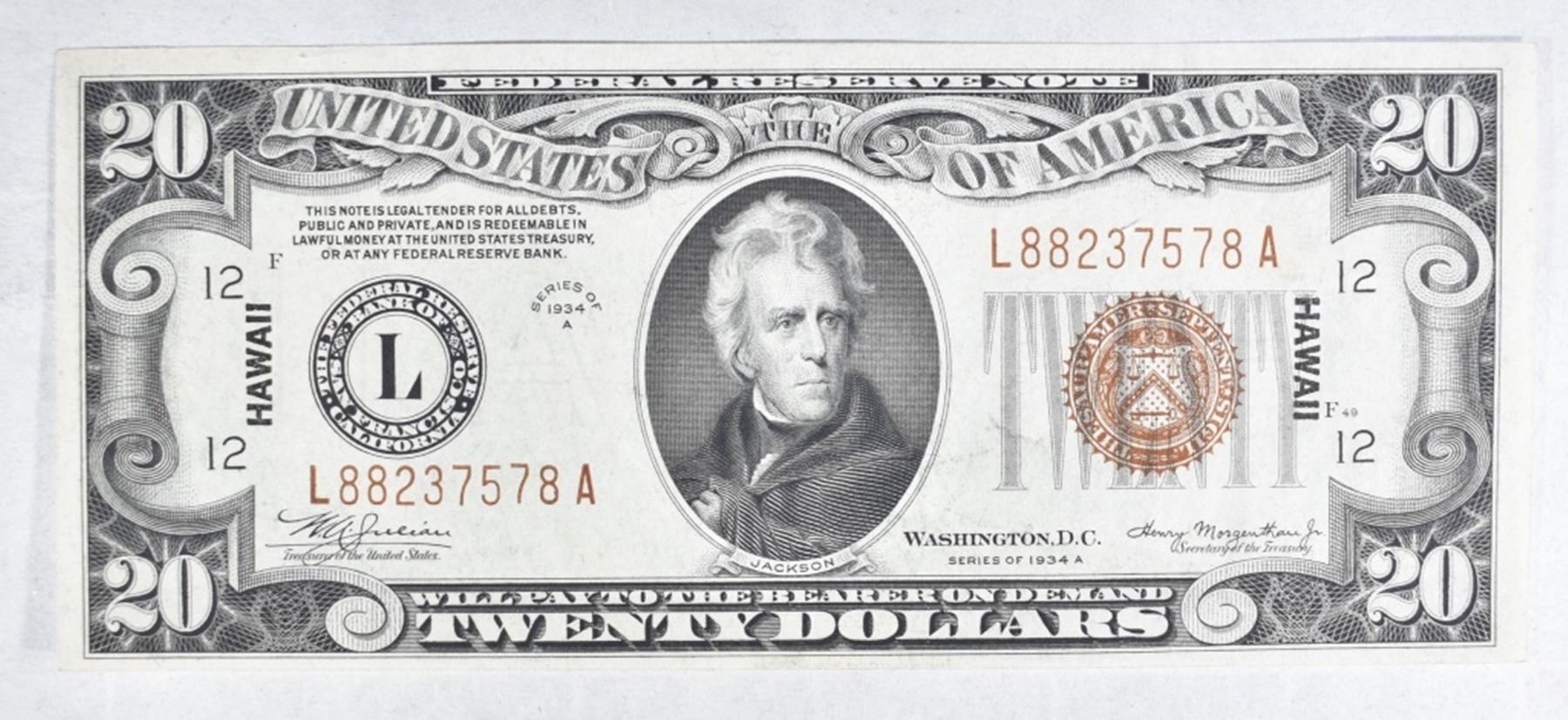 1934 A 20 FEDERAL RESERVE NOTE HAWAII