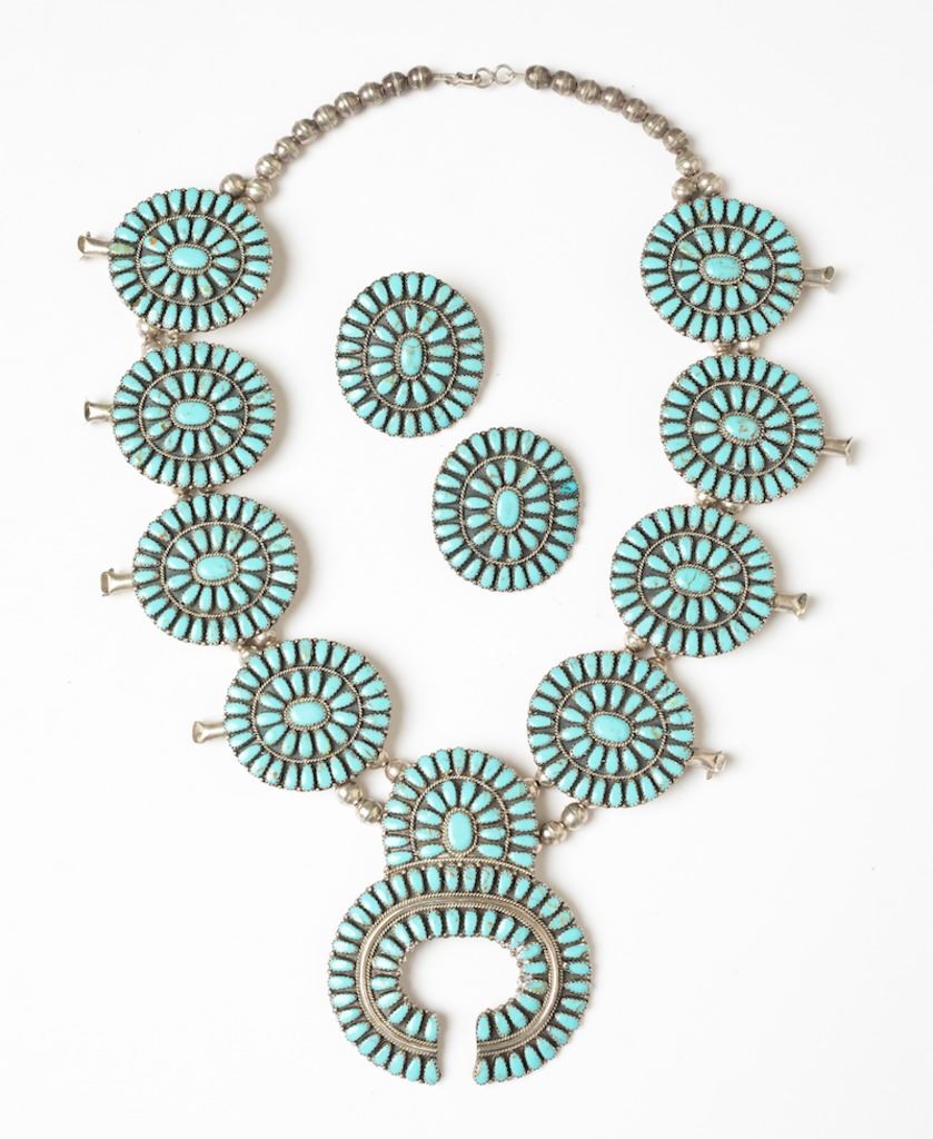 Larry Moses Begay Old Pawn Block Turquoise Large Cluster Squash Blossom