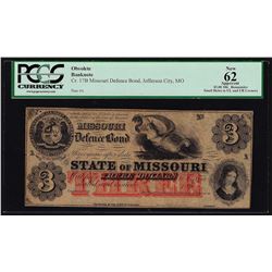1860's $3 State of Missouri Defence Bond Obsolete Note PCGS New 62 Apparent