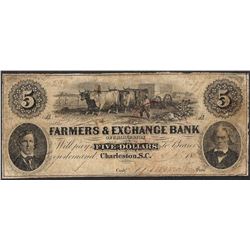 1853 $5 Farmers & Exchange Bank Charleston, SC Obsolete Note