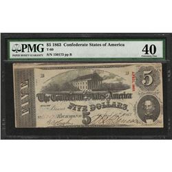 1863 $5 Confederate States of America Note T-60 PMG Extremely Fine 40