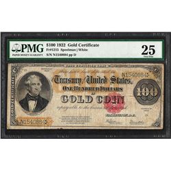 1922 $100 Gold Certificate Note Fr.1215 PMG Very Fine 25