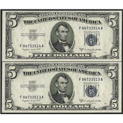 Lot of (2) Consecutive 1953B $5 Silver Certificate Notes Gem Uncirculated