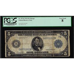 1914 $5 Federal Reserve Note Chicago Fr.871b PCGS Very Good 8