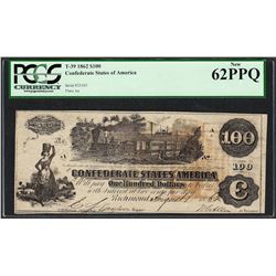 1862 $100 Confederate States of America Note T-39 PCGS New 62PPQ