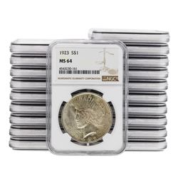 Lot of (20) 1923 $1 Peace Silver Dollar Coins NGC MS64
