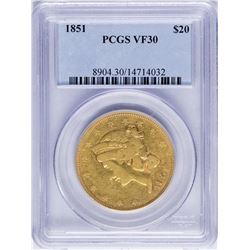 1851 $20 Liberty Head Double Eagle Gold Coin PCGS VF30