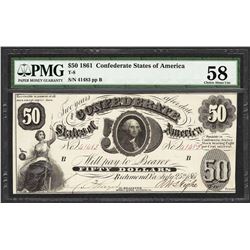1861 $50 Confederate States of America Note T-8 PMG Choice About Uncirculated 58