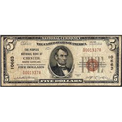 1929 $5 Peoples NB of Chester, SC CH# 10663 National Currency Note