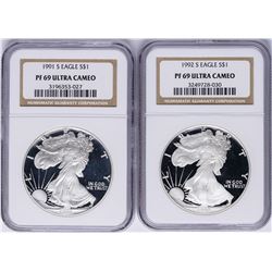 Lot of 1991-S & 1992-S $1 American Silver Eagle Proof Coins NGC PF69 Ultra Cameo