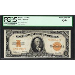 1922 $10 Gold Certificate Note Fr.1173 PCGS Very Choice New 64