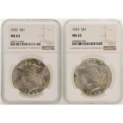 Lot of (2) 1923 $1 Peace Silver Dollar Coins NGC MS63