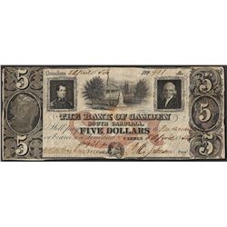 1854 $5 The Bank of Camden, South Carolina Obsolete Note Pinhole