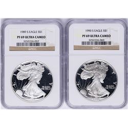 Lot of 1989-S & 1990-S $1 American Silver Eagle Proof Coins NGC PF69 Ultra Cameo