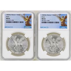 Lot of 1982Mo & 1983Mo Mexico Libertad Onza Silver Coins NGC MS65
