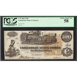1862 $100 Confederate States of America Note T-39 PCGS Choice About New 58