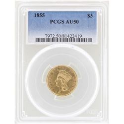 1855 $3 Indian Princess Head Gold Coin PCGS AU50