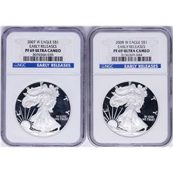 2007-W & 2008-W $1 American Silver Eagle Coins NGC PF69 Ultra Cameo Early Releas