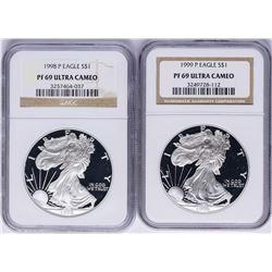 Lot of 1998-P & 1999-P $1 American Silver Eagle Proof Coins NGC PF69 Ultra Cameo
