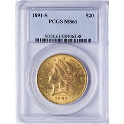 1891-S $20 Liberty Head Double Eagle Gold Coin PCGS MS61