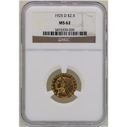 1925-D $2 1/2 Indian Head Quarter Eagle Gold Coin PCGS MS62