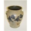 Image 1 : 13 1/2" 3 GAL. STORAGE JAR W/ COBALT TULIPS FRONT & BACK & COBALT HIGHLIGHTS ON HANDLES, IMPRESSED O