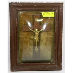 ANTIQUE FRAMED BUBBLE GLASS CRUCIFIX