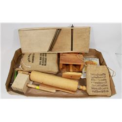 FLAT OF ANTIQUE WOODEN KITCHEN ITEMS