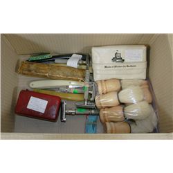 ESTATE BOX OF ANTIQUE SHAVING SUPPLIES INCLUDING