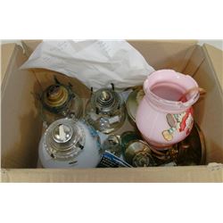 BOX OF VINTAGE OIL LAMPS AND MORE