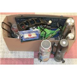 BOX OF MISC ITEMS INCL THERMOS, KEYBOARD