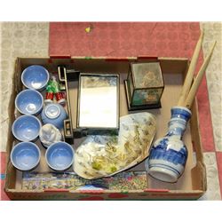 FLAT OF ASIAN ITEMS INCLUDING CORK CARVINGS & MORE