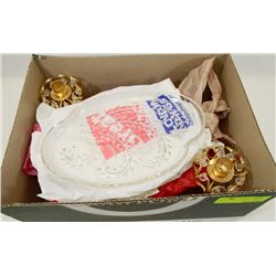 ESTATE BOX OF CANDLE HOLDERS AND SERVING