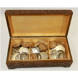 CARVED WOODEN BOX OF COLLECTIBLE CAR SHOW COINS