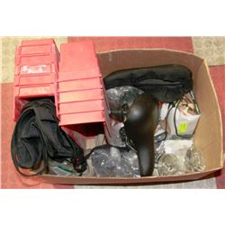 LOT WITH SEAT, RAIN PANTS, PACKING TAPE, ASST DECK