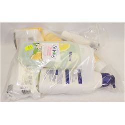 BAG OF ASSORTED CLEANSING WIPES AND BODYWASH