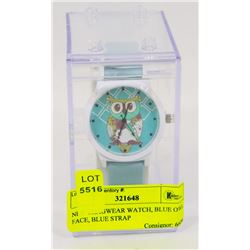 NEW SHAGWEAR WATCH, BLUE OWL FACE, BLUE STRAP