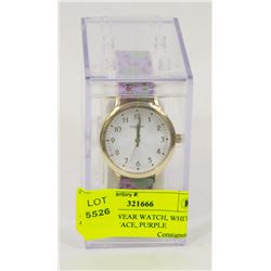 NEW SHAGWEAR WATCH, WHITE AND GOLD FACE, PURPLE