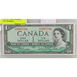 1954 CANADIAN 1 DOLLAR BILL, LOW SERIAL NUMBER,