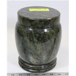 GREEN MARBLE DESIGN STONE LIDDED JAR/URN 7" TALL