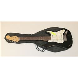 SQUIRE MINI BLACK GUITAR WITH SOFT CASE.