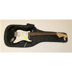 SQUIRE BY FENDER BLACK GUITAR WITH SOFT CASE.