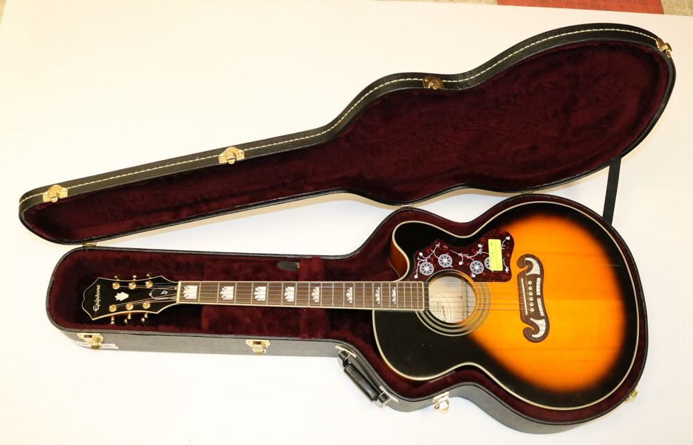 EPIPHONE EJ200 GUITAR WITH NEW HARD CASE.