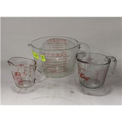 3 ASSORTED PYREX MEASURING CUPS