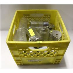 CRATE OF GLASS SUGAR DISPENSERS