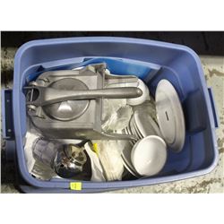 TOTE OF ASSORTED GLASSWARE & DISHWARE